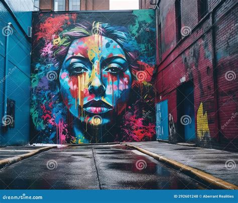 A Colorful Mural Of A Womans Face On The Side Of A Building Stock