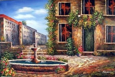 Tuscany Garden Courtyard Fountain Large Oil Painting In Painting