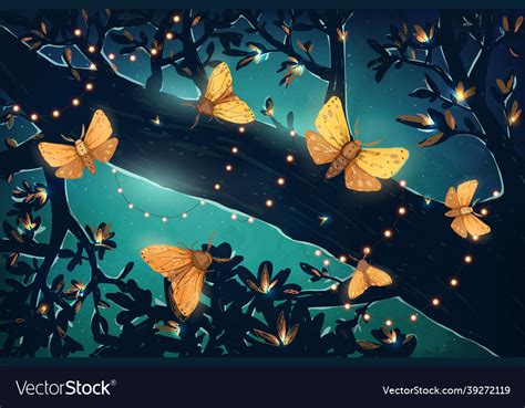 Magical Glowing Night Butterflies In The Forest Vector Image