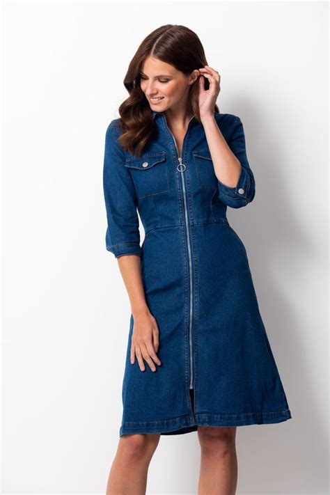 Mid Blue Zip Front Denim Dress With Pockets Womens Denim Dress Denim Dress Blue Jean Dress