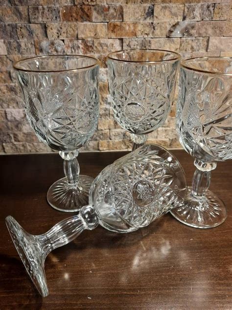 Hobstar By Libbey Glass Co Clear Water Goblets With Gold Rim Etsy