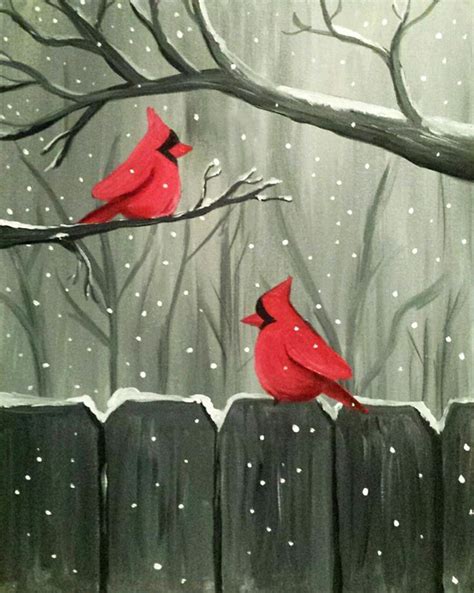 Fun Winter Themed Painting Party Idea Or Tutorial Red Cardinals On An Old Fence In The Snow