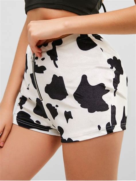 [23 Off] 2021 Half Zip Cow Print Velvet Shorts In White Zaful