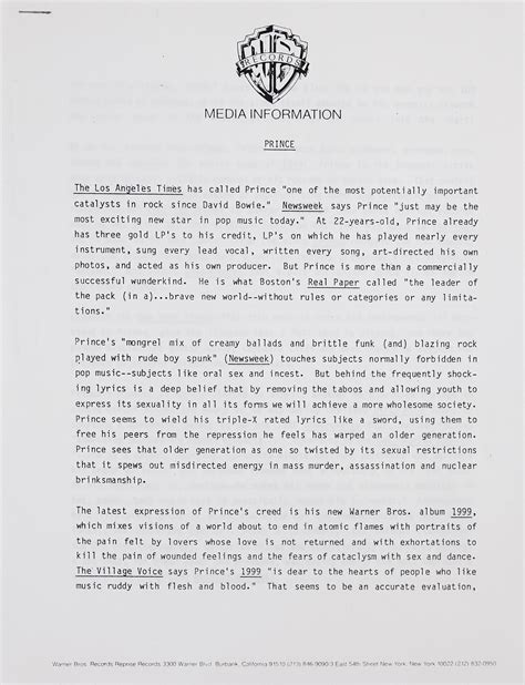 Prince 1999 Warner Bros Press Release Rr Auction