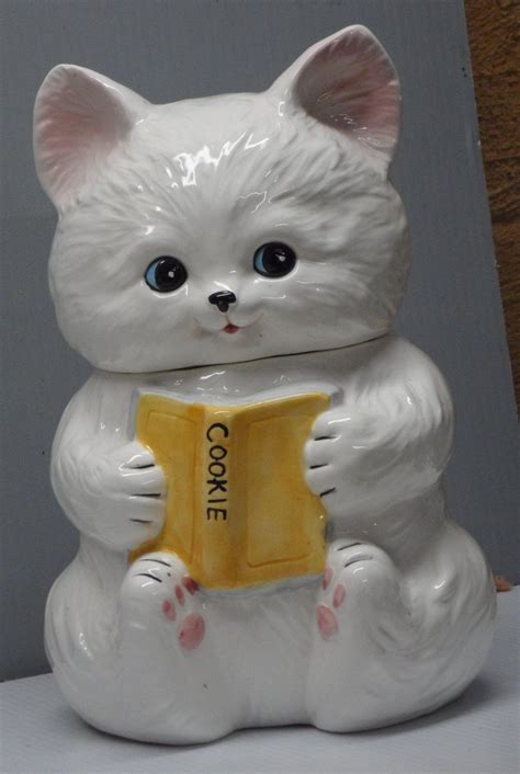 Vintage White Ceramic Cat Kitten Cookie Jar With Lid Ebay Cookie