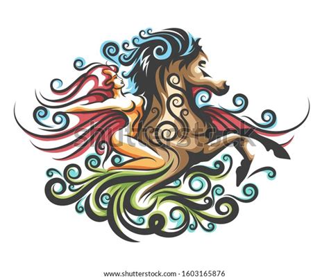 Naked Girl Riding The Horse Ornate Emblem Drawn In Fantasy Style