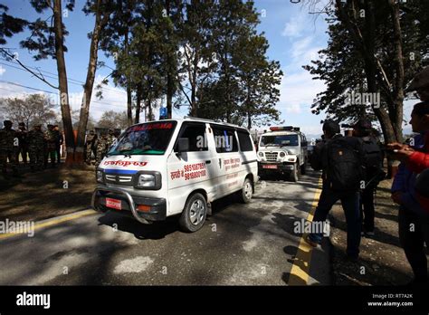 Kathmandu Nepal 28th Feb 2019 Ambulances Carry The Remains Of Dead Bodies At An Airport In