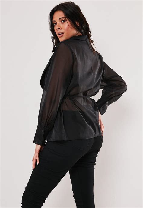 Plus Size Black Sheer Organza Belted Wrap Blouse Missguided