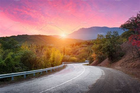 Mountain Road At Sunset Stock Photo Containing Landscape And Road