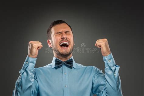 Portrait Excited Happy Man Arms Up Fists Pumped Celebrating Su Stock