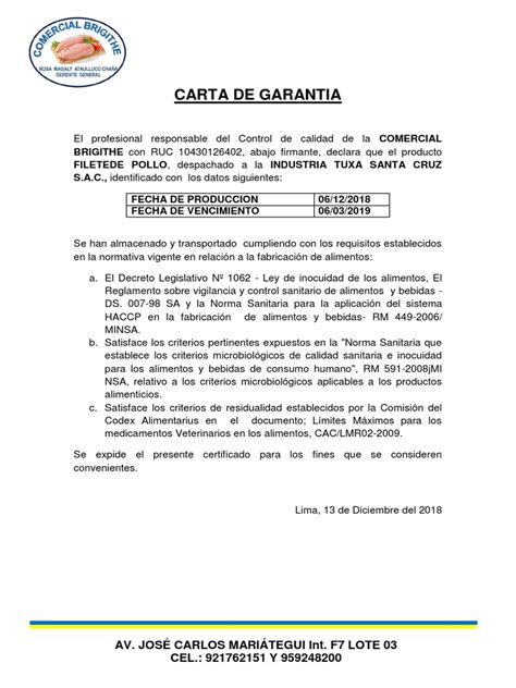 Carta De Garantia Certificado De Calidad Comercial Brigithe