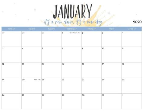 Cute January 2020 Calendar Printable Template Calendar Printables