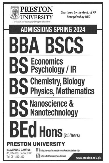 Preston University Islamabad Admissions Programs Courses 2024