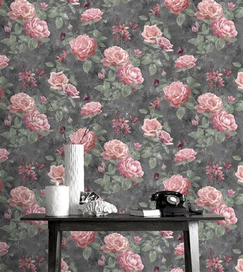 Vintage Rose Floral Wallpaper Charcoal Pink Fabric Effect Chic Flowers