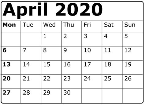 Printable April Calendar 2020 Template Printable Calendar In 2020
