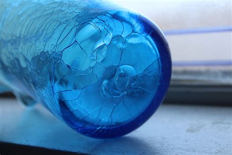 Large Mid Century Blenko Blue Crackle Glass Vase With Ruffled Rim