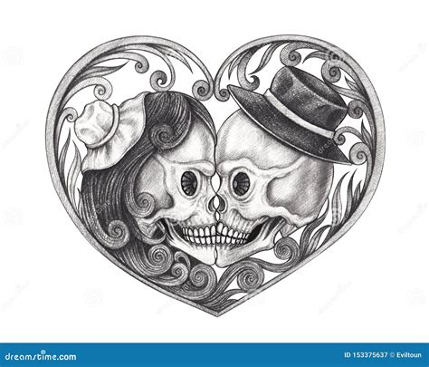 Art Couple Kiss Skulls Day Of The Dead Stock Illustration