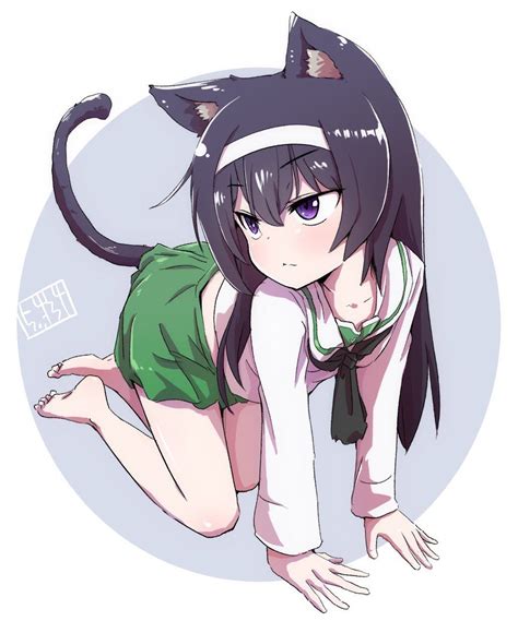 1girl Allfours Animalears Barefoot Blackhair Bobyou U Kai Cat