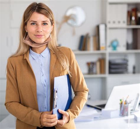 Happy Business Woman With Folder Of Documents In Office Stock Image Image Of Mask Business