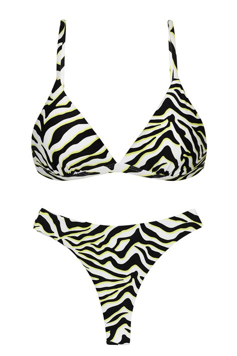 Black White Tiger Print Thong Bikini Set Wild Black Tri Fixo Fio