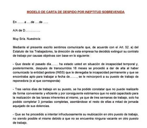 Modelo Carta De Despido Ineptitud Sobrevenida Abogados En Madrid