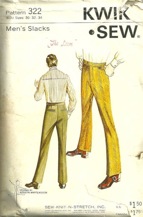 Kwik Sew 322 Vintage 70s Slot Pocket Mens Slacks Pattern For Stretch
