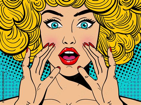 Fotografía Sexy surprised blonde pop art woman with wide open eyes and