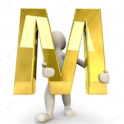 3d Human Character Holding Golden Alphabet Letter M Stock Photo By