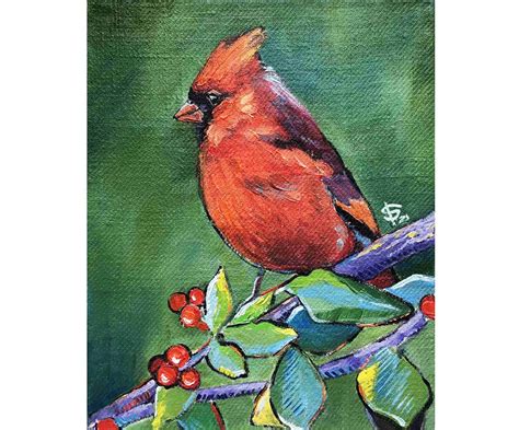 Red Cardinal Painting Oil Original Art Bird Artwork Small Etsy