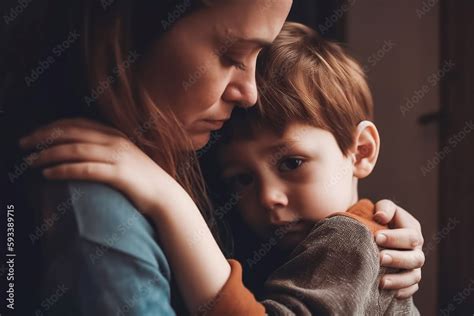 Ilustracja Stock Sad Little Child Boy Hugging His Mother At Home