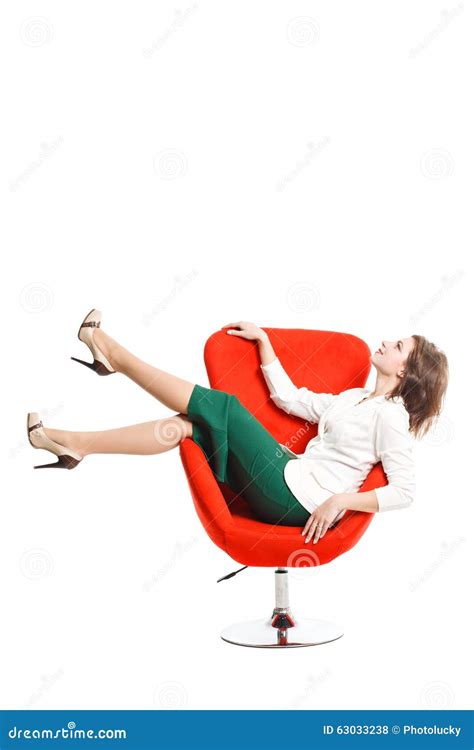 Beautiful Young Woman Sitting On Chair Isolated Stock Photo Image Of