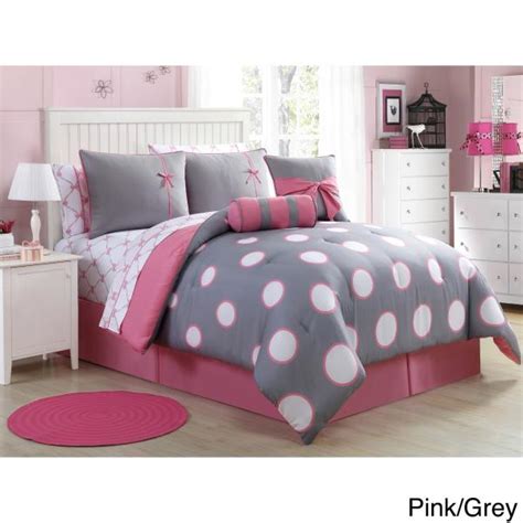 Gray Grey Pink Polka Dot Ribbons Bows 10pc Comforter Sheet Set Twin
