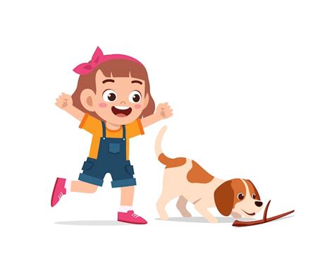 Feliz Lindo Ni O Ni O Ni A Jugar Con Perro Mascota Vector Premium