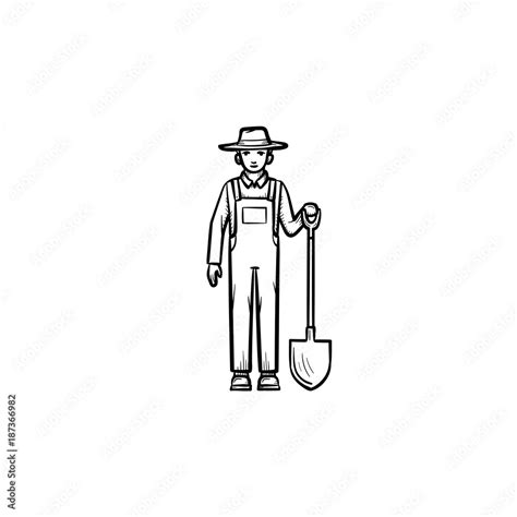 Vector Hand Drawn Farmer With Shovel Outline Doodle Icon Stock Vector