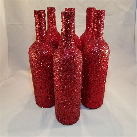 Red Glitter Sparkling Wedding Bridal Party Centerpiece Wine Bottles Or