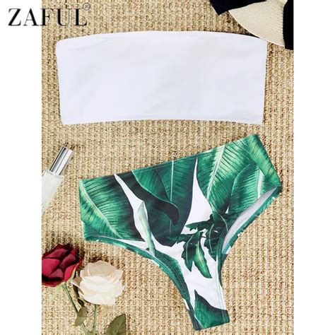 zaful women strapless palm leaf print high cut bikini set sexy bandeau swimwear push up padded