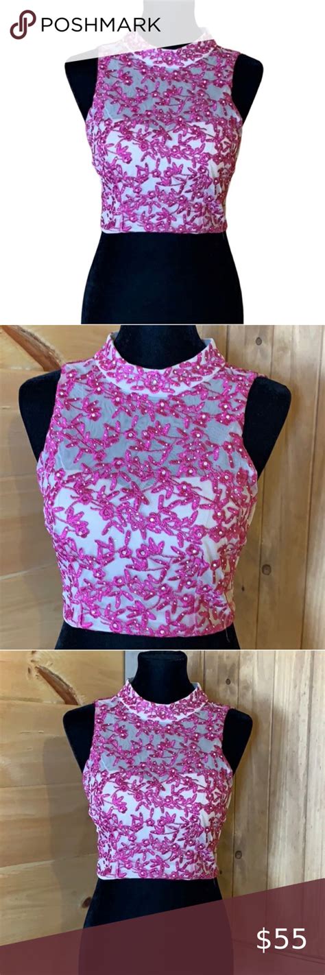 EUC City Triangles Nude Mesh Hot Pink Lace Crop Top Size Small Pink