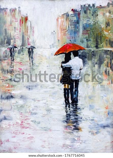 Oil Painting Couple Under Umbrella Rain Stock Illustration 1767716045