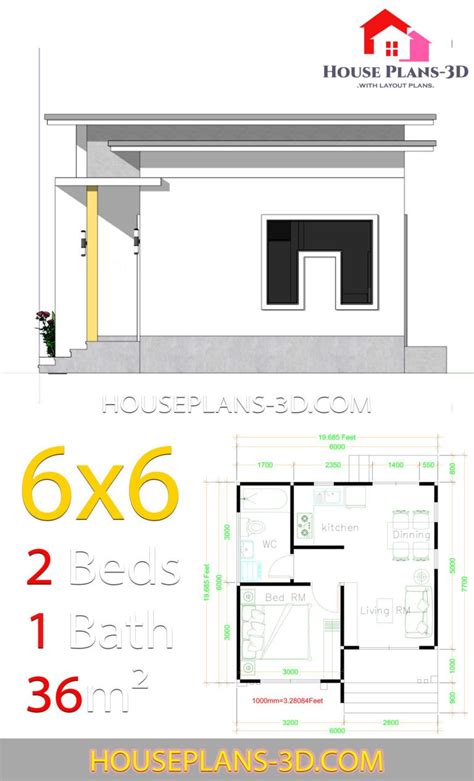 House Plans 6x6 with One Bedrooms Flat Roof in 2020 (With ...
