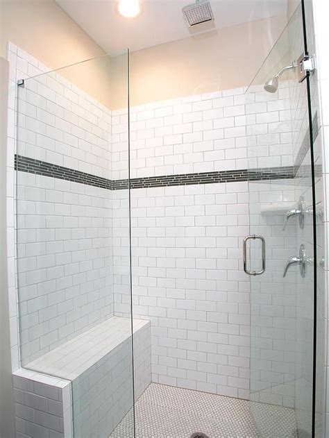 This Walk In Shower Features White Subway Tile With Glass Tile Accent