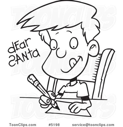 Cartoon Black And White Line Drawing Of A Boy Writing A Dear Santa
