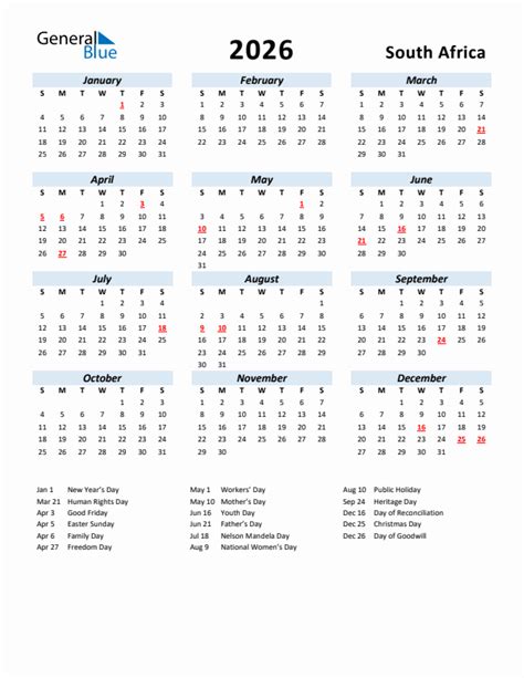 2026 South Africa Calendar With Holidays