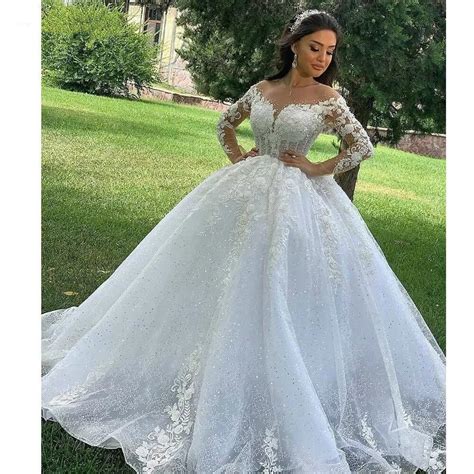 ball gown princess wedding dresses o neck lace appliqus beaded long sleeves wedding dresses for