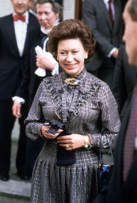 Princess Margaret Wears A Patterned And Pleated Dress On A Visit To The