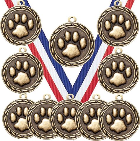 10 Pack Of Mascot Paw Print Gold Medals Trophy Award With Neck Ribbons Ma Sports