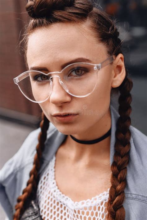Girl In Glasses With Pigtails Outdoors Stock Image Image Of Style