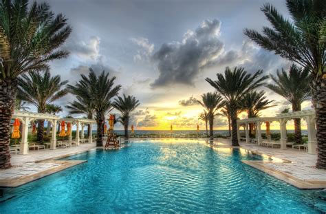 Swimming Pool Beach Palm Trees Sunrise Sea Landscape
