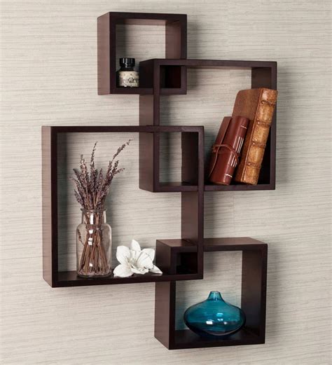 Buy Engineered Wood Intersecting Wall Shelf In Brown Colour By
