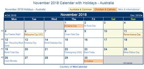Print Friendly November 2018 Australia Calendar For Printing