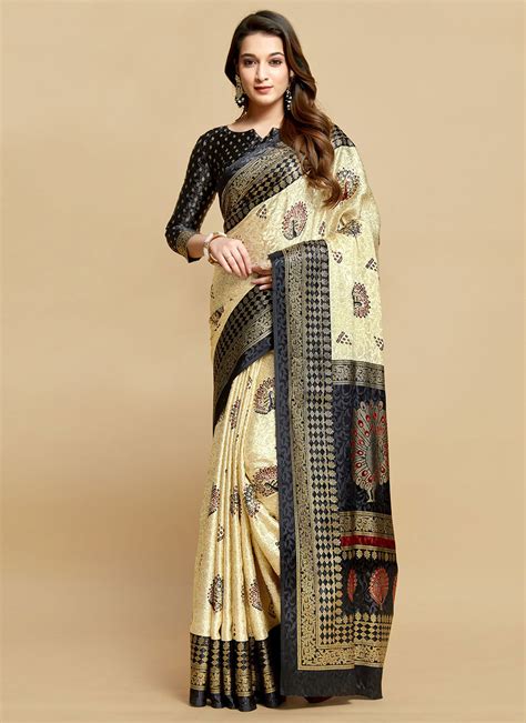 Shop Online Cream And Navy Blue Woven Saree 246829